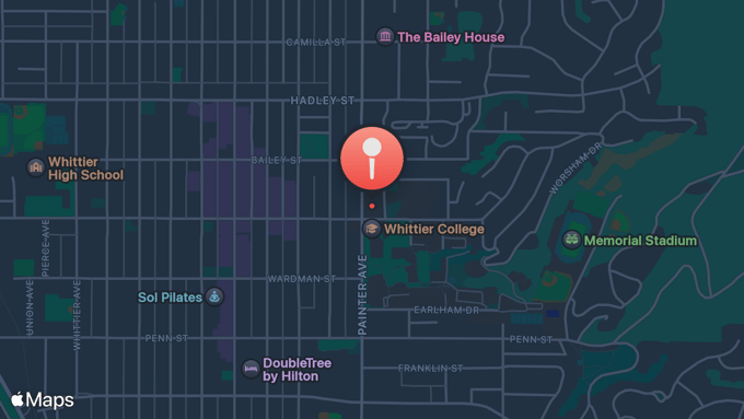 Map of Shannon Center at Whittier College, opens Apple Maps in a new tab